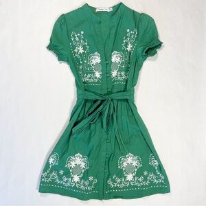 Sunny Girl Green Button Down A-Line Belted Embroidered Dress